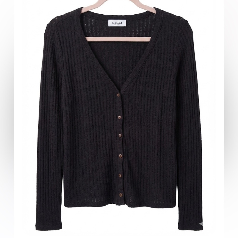 GILLI Black Ribbed Knit Button Down Cardigan Sweater V-Neck Small